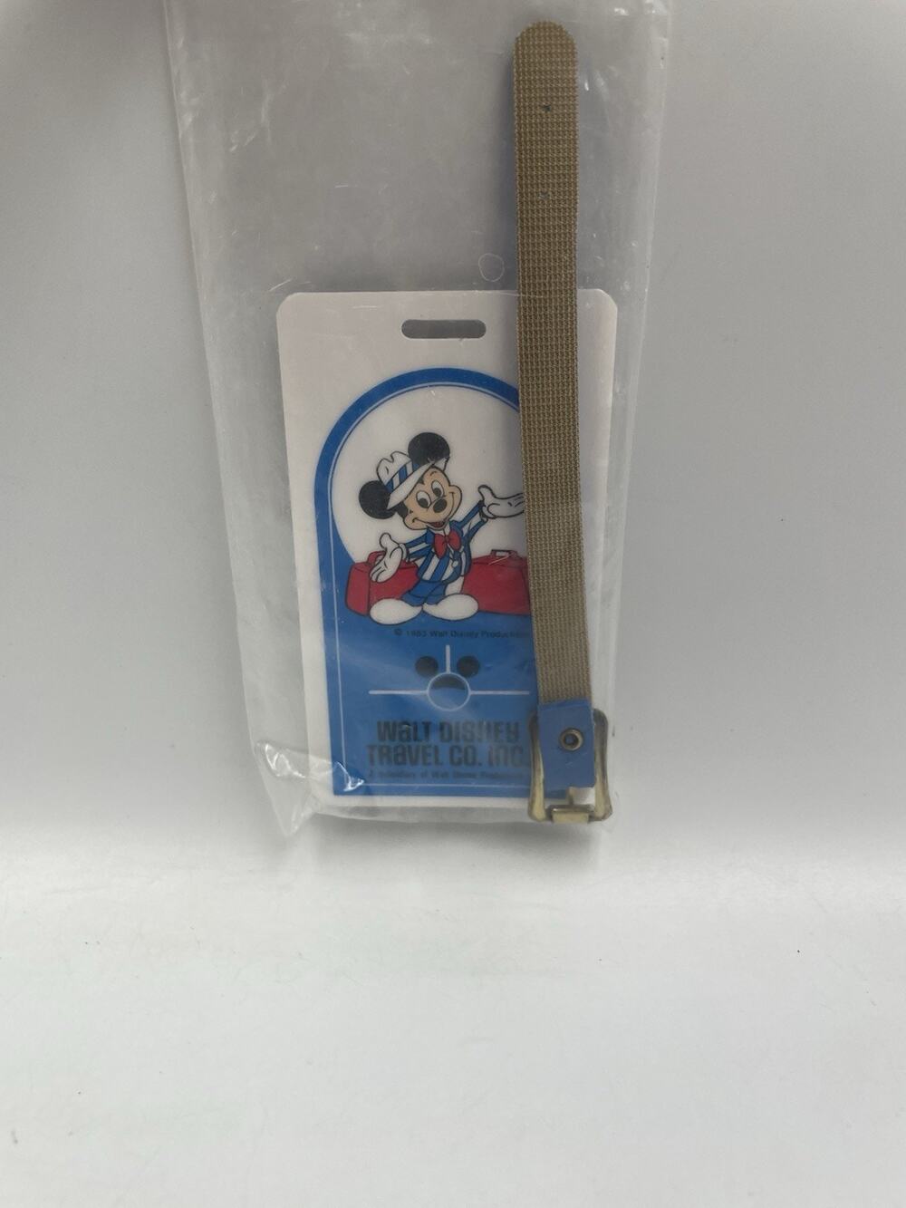 Vintage 1983 Disney Luggage Tag Walt Productions Travel Co Mickey Blue Strap NOS